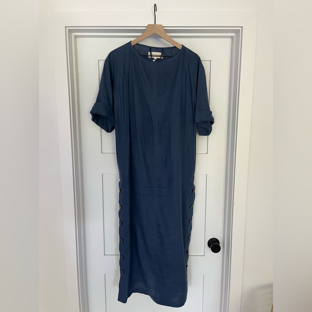 Mara Hoffman indigo-blue linen dress with side buttons & wrap belt